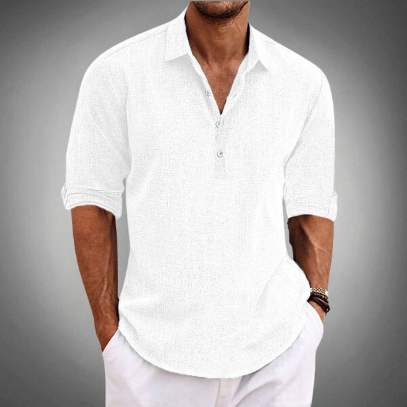 Pyrian | Heren Ademend Katoenen Shirt - Half Knoop Casual Lange Mouw Top, Opgerolde Mouwen