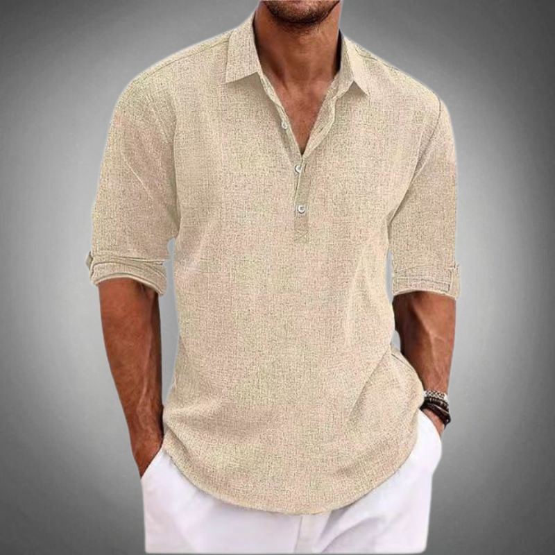 Pyrian | Heren Ademend Katoenen Shirt - Half Knoop Casual Lange Mouw Top, Opgerolde Mouwen