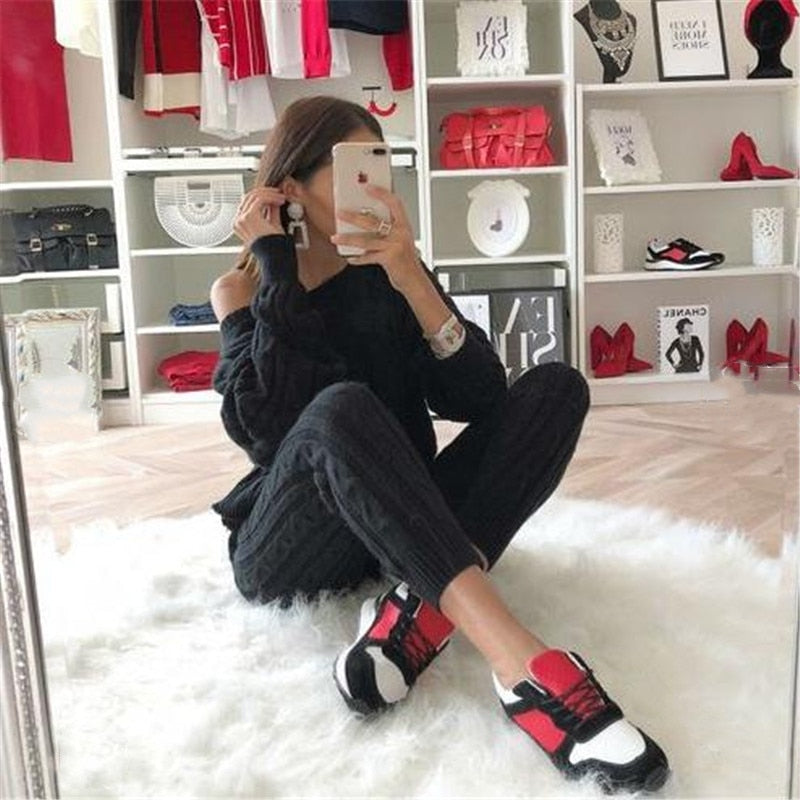 Harlowe | Warme gebreide damestop met lange mouwen en leggingset - Gezellige winterloungewear