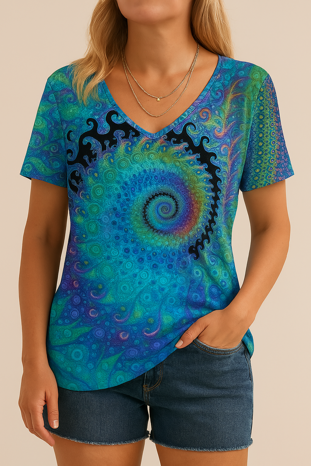Zayenna | Retro V-hals T-shirt met all-over print voor dames - korte mouwen, casual zomertop