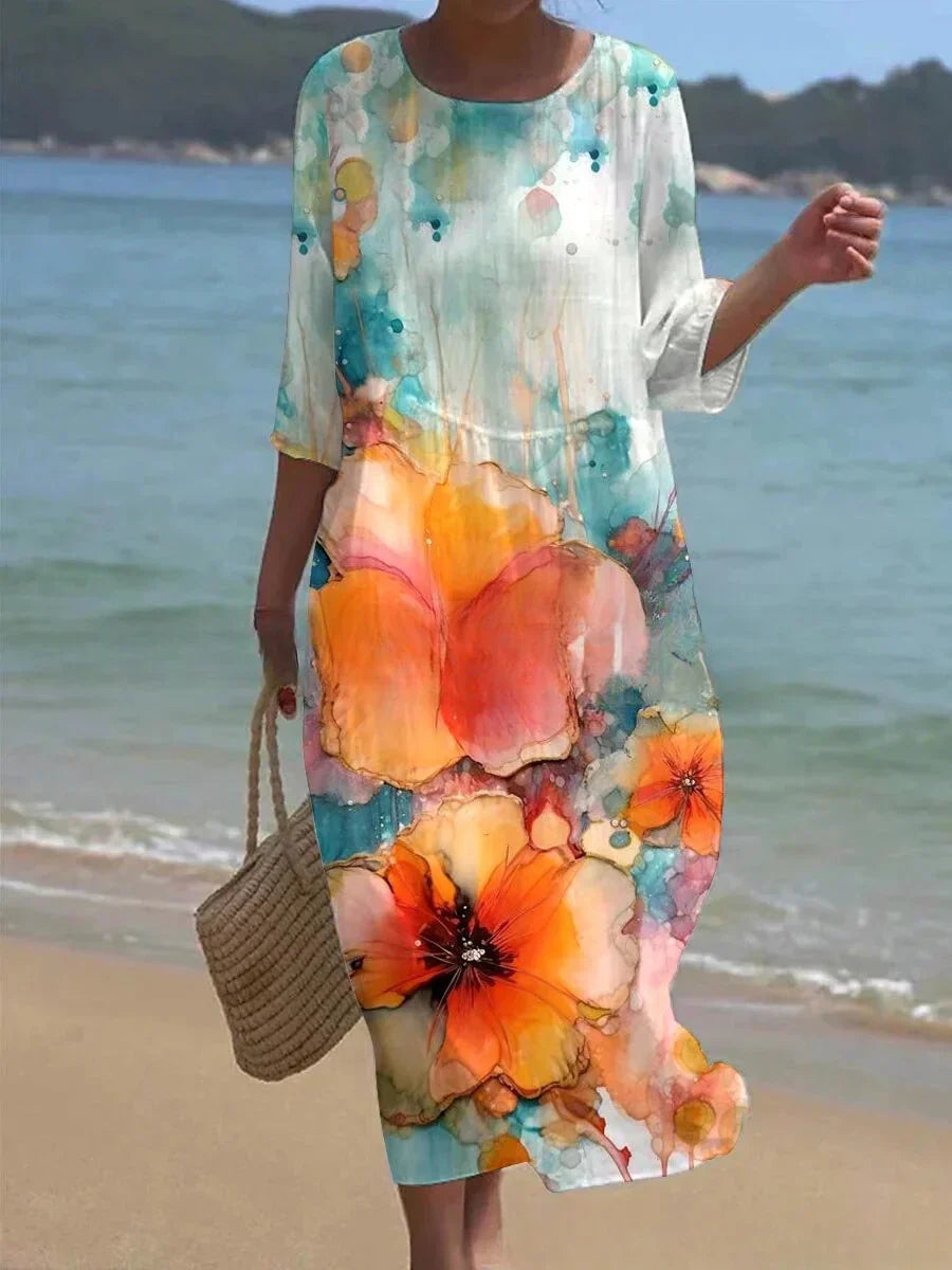 Orsolya | Soepelvallende midi-jurk met bloemenprint - Ademende 3/4 mouwen