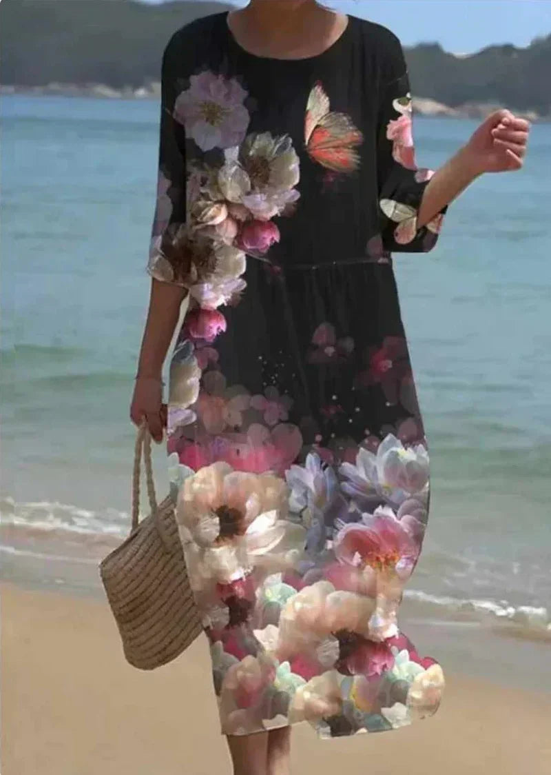 Orsolya | Soepelvallende midi-jurk met bloemenprint - Ademende 3/4 mouwen