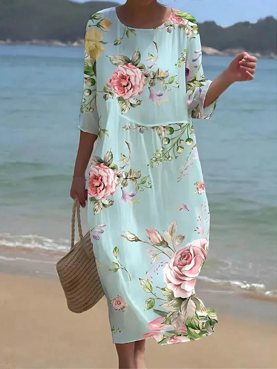 Orsolya | Soepelvallende midi-jurk met bloemenprint - Ademende 3/4 mouwen