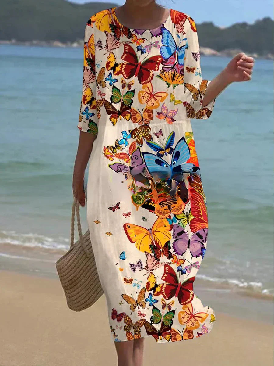 Orsolya | Soepelvallende midi-jurk met bloemenprint - Ademende 3/4 mouwen