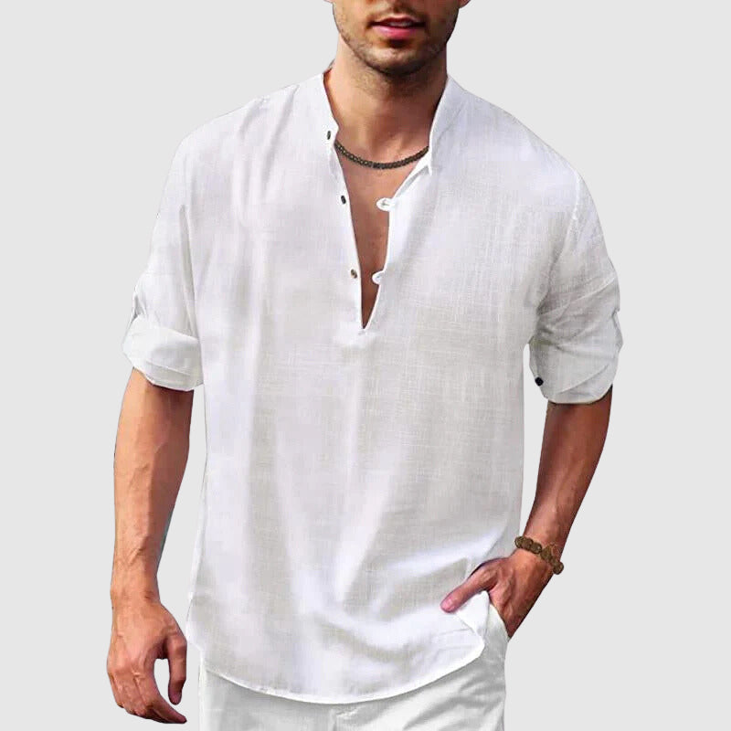 Loukas | Heren Henley Overhemd - Linnen Katoenmix, 3/4 oprolmouwen, Casual Zomer Top