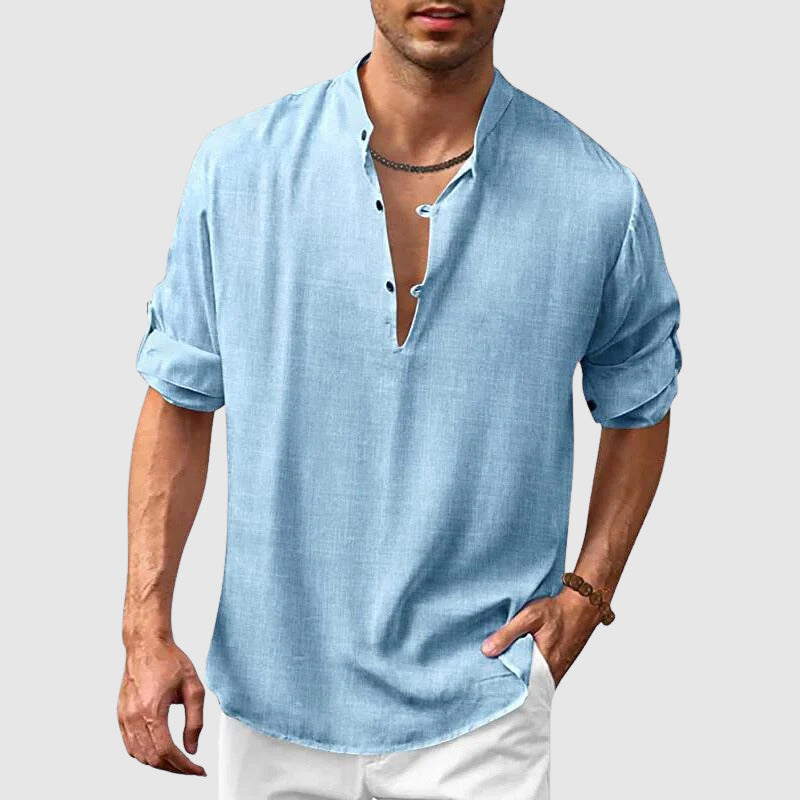 Loukas | Heren Henley Overhemd - Linnen Katoenmix, 3/4 oprolmouwen, Casual Zomer Top