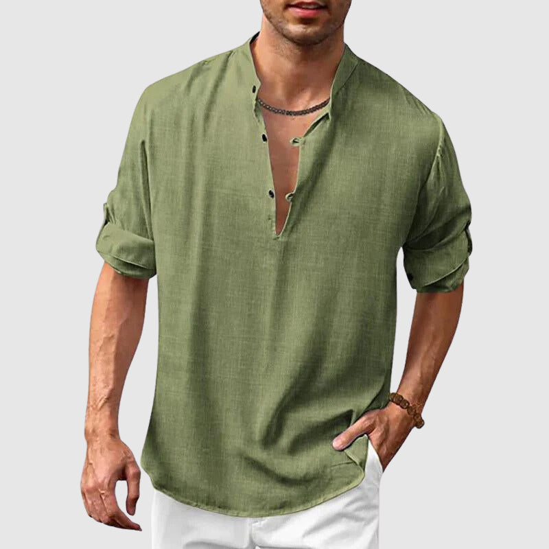 Loukas | Heren Henley Overhemd - Linnen Katoenmix, 3/4 oprolmouwen, Casual Zomer Top