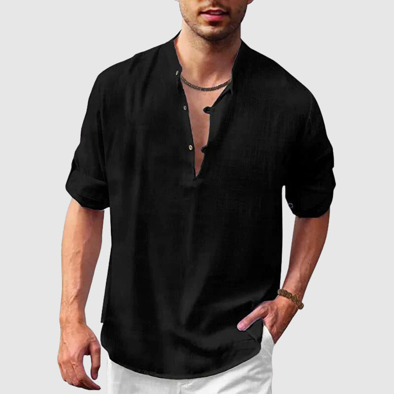 Loukas | Heren Henley Overhemd - Linnen Katoenmix, 3/4 oprolmouwen, Casual Zomer Top