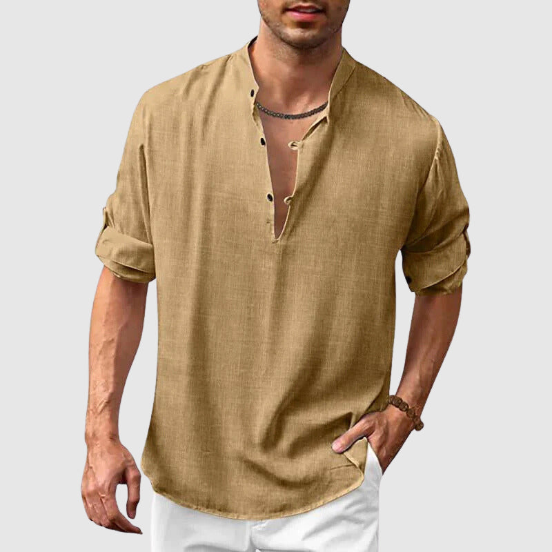 Loukas | Heren Henley Overhemd - Linnen Katoenmix, 3/4 oprolmouwen, Casual Zomer Top