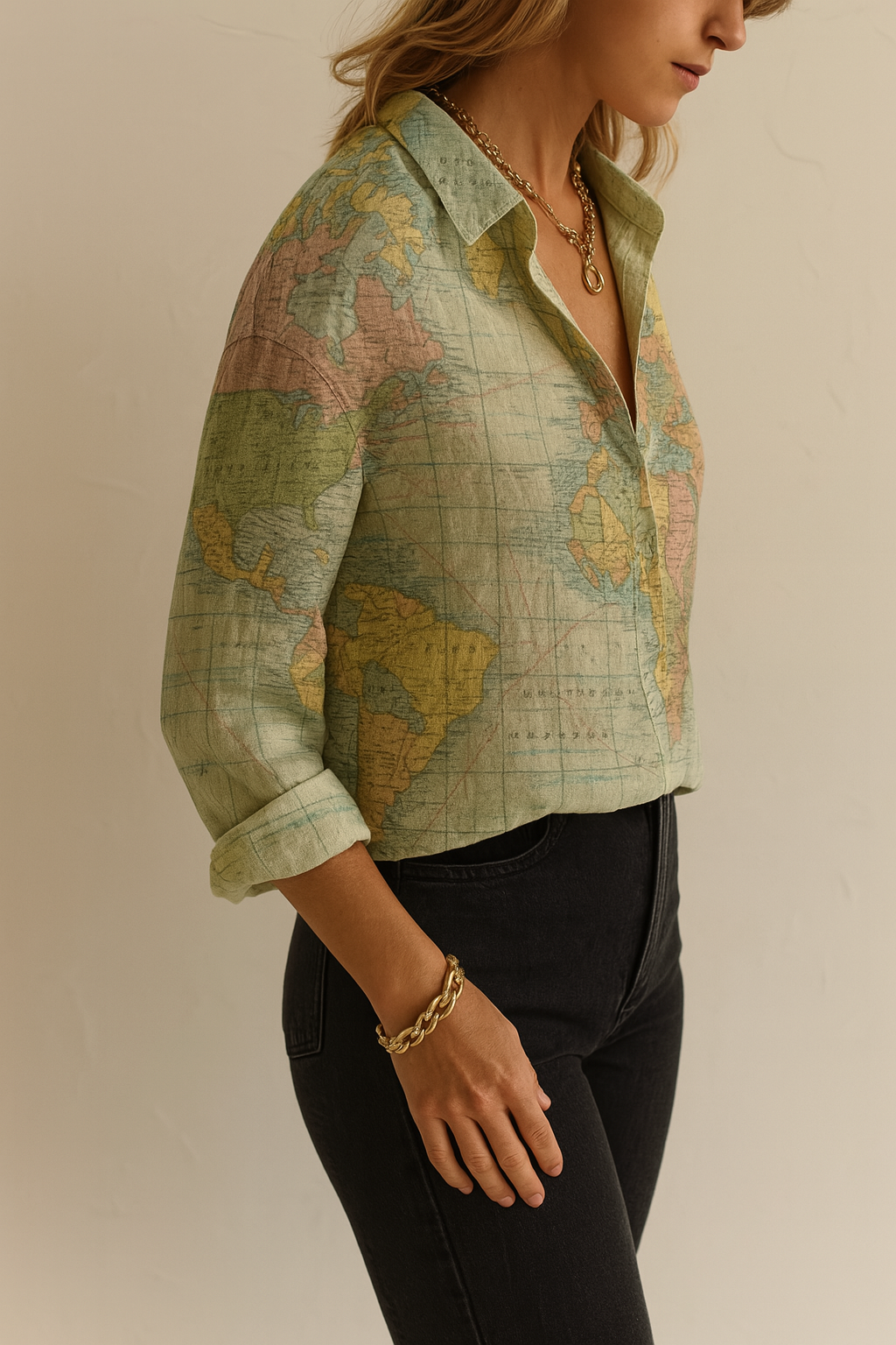 Valynne | Dameshemd met wereldbolprint – Stijlvol ontwerp met wereldkaart, casual en trendy topje