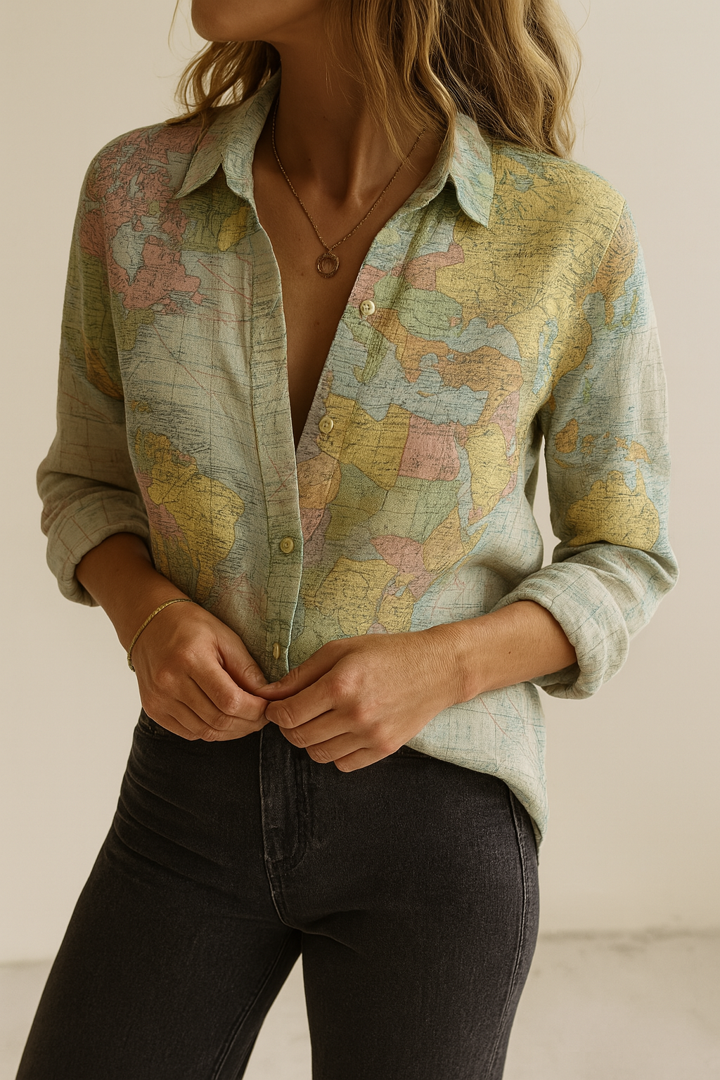 Valynne | Dameshemd met wereldbolprint – Stijlvol ontwerp met wereldkaart, casual en trendy topje