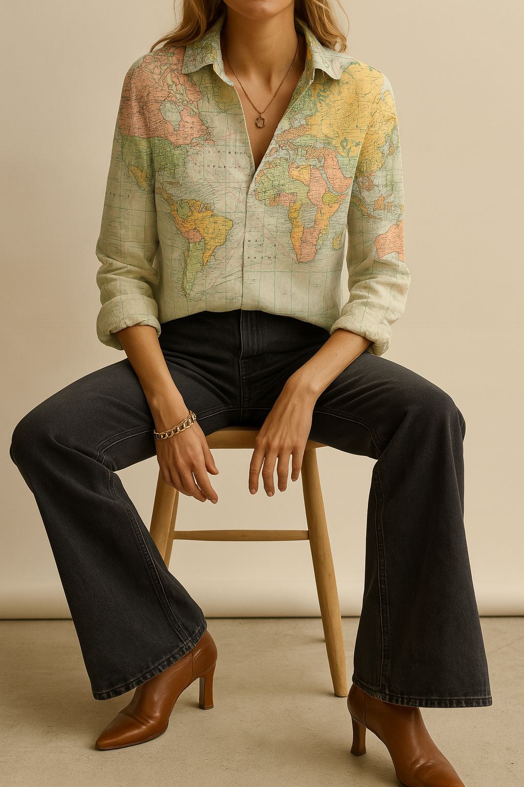 Valynne | Dameshemd met wereldbolprint – Stijlvol ontwerp met wereldkaart, casual en trendy topje