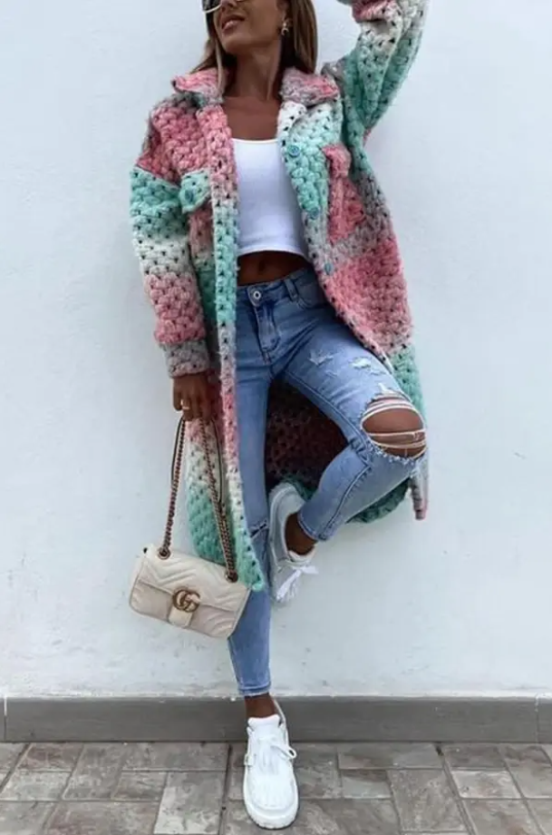 Naevia | Lange Gevlochten Gehaakte Jas - Oversized Regenboog Vrouwen Vest, Boho Knit