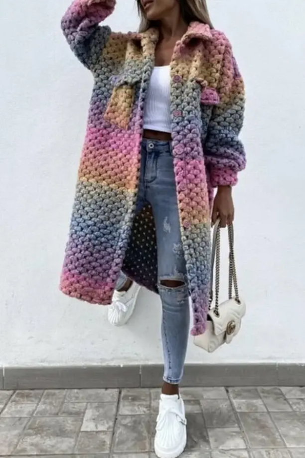 Naevia | Lange Gevlochten Gehaakte Jas - Oversized Regenboog Vrouwen Vest, Boho Knit