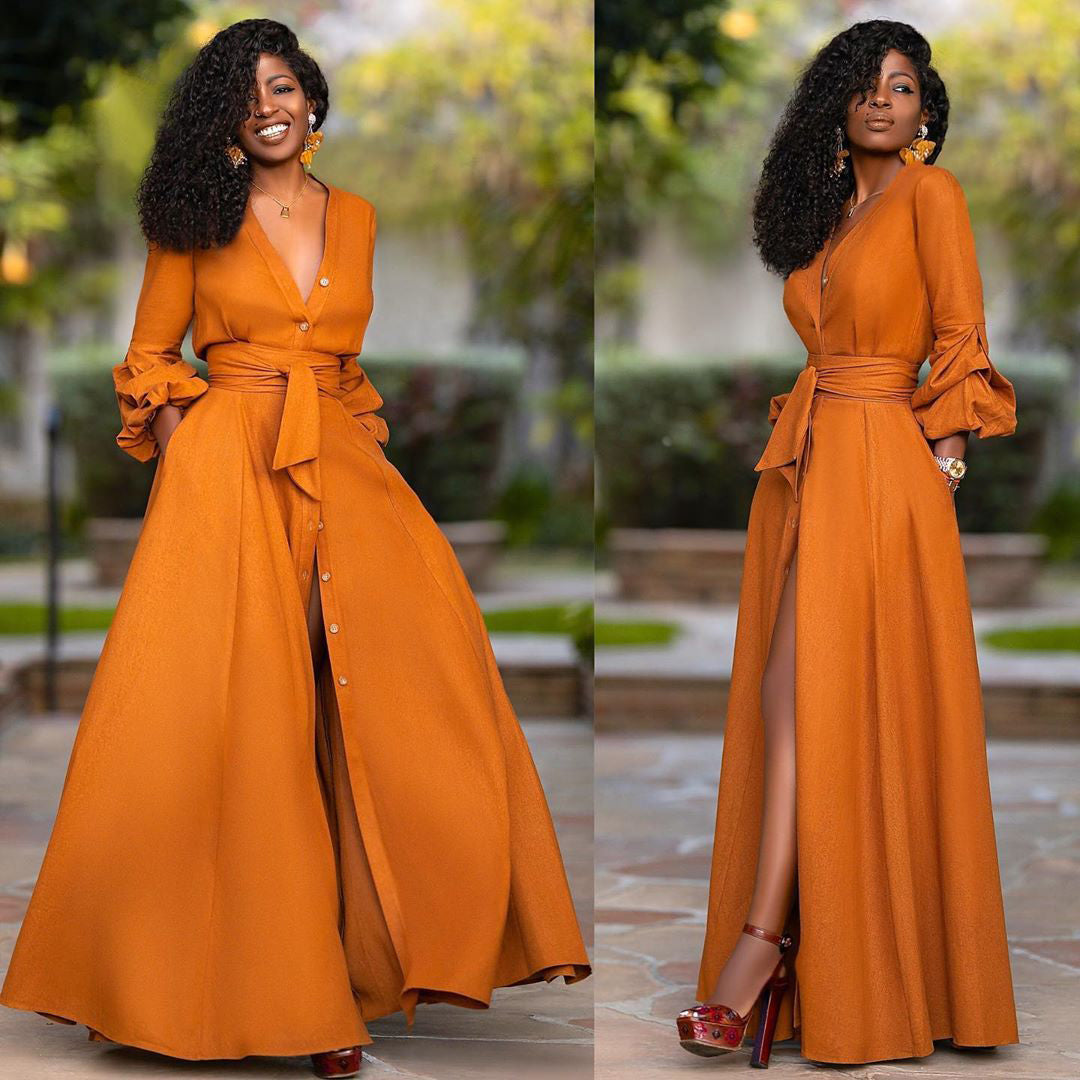 Prynella | Vintage wikkel maxi jurk - Damesjurk met lange mouwen met V-hals en elegante ceintuur