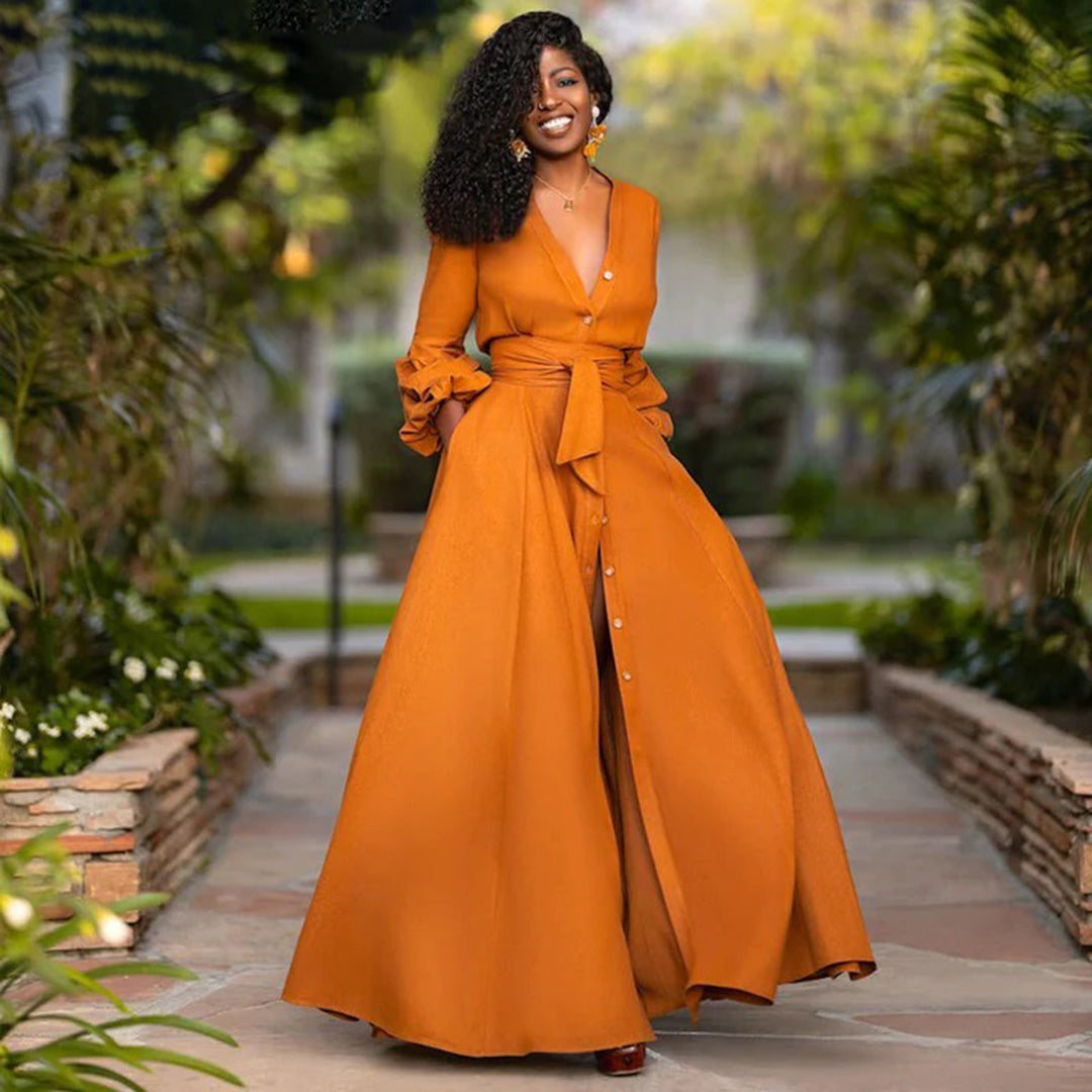 Prynella | Vintage wikkel maxi jurk - Damesjurk met lange mouwen met V-hals en elegante ceintuur