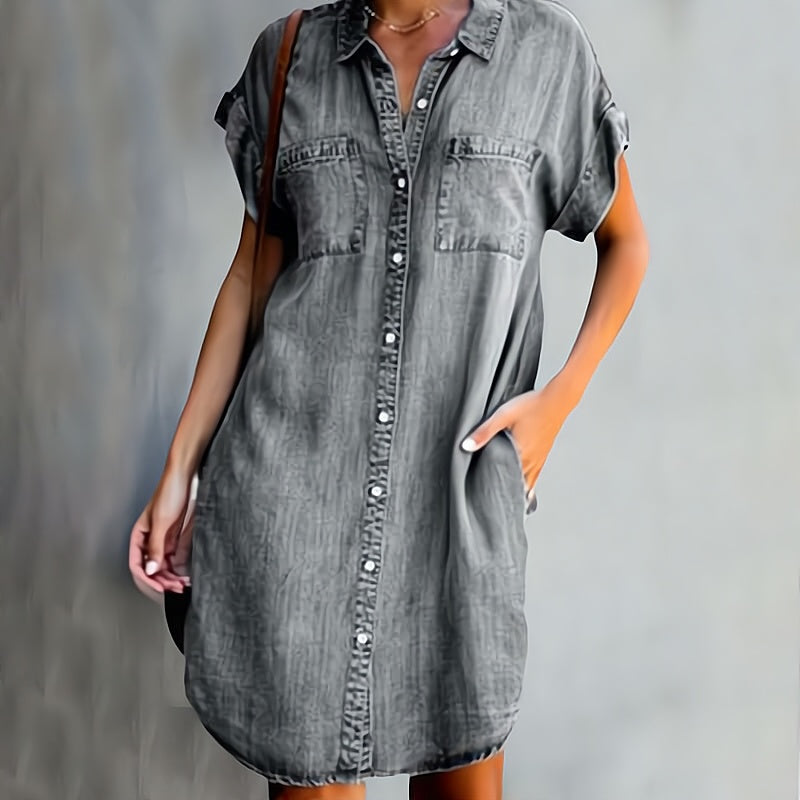 Malaya | Casual Denim Jurk met Knoopsluiting - Korte mouw Jean Shirt Jurk