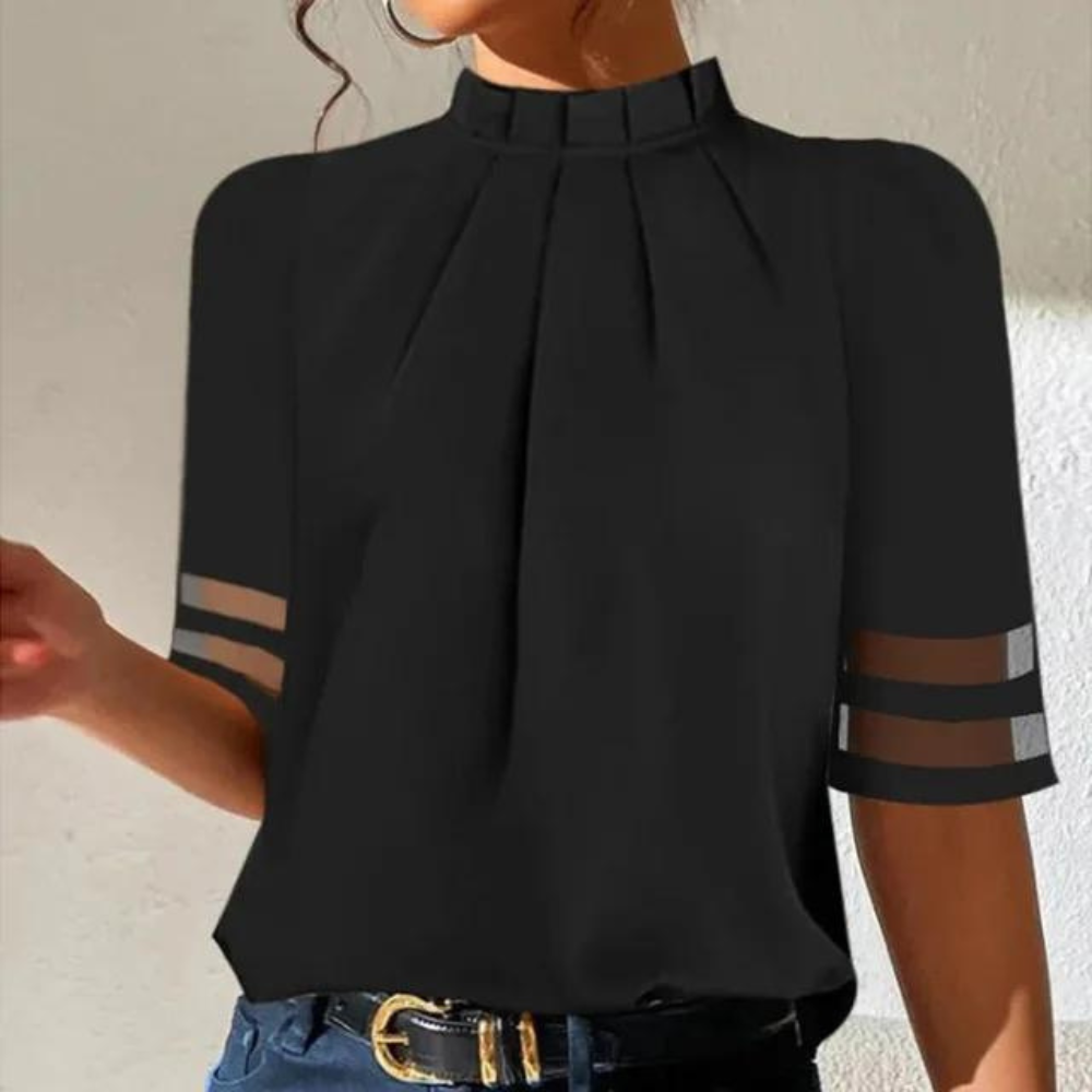 Hilja | Elegante geplooide blouse met mouwen met split - Ontspannen pasvorm, ronde hals