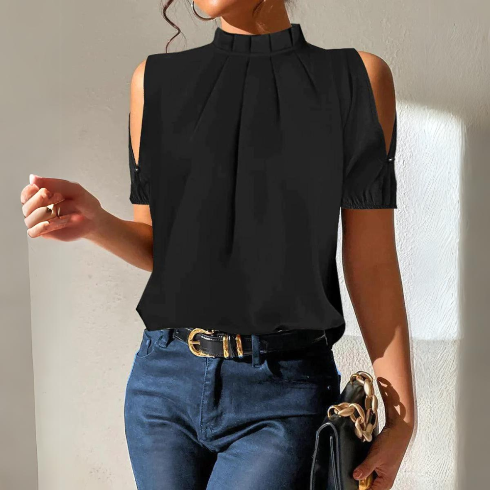 Hilja | Elegante geplooide blouse met mouwen met split - Ontspannen pasvorm, ronde hals