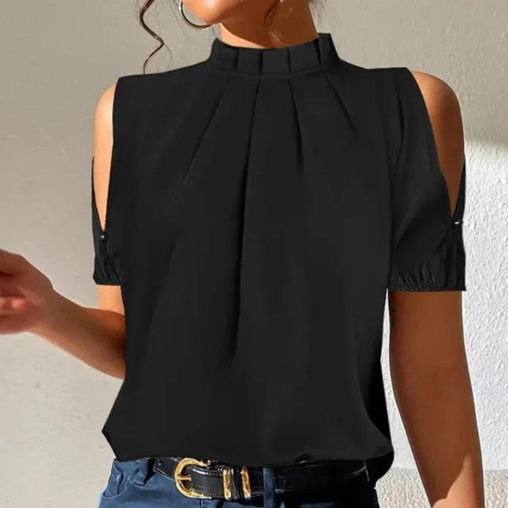 Hilja | Elegante geplooide blouse met mouwen met split - Ontspannen pasvorm, ronde hals