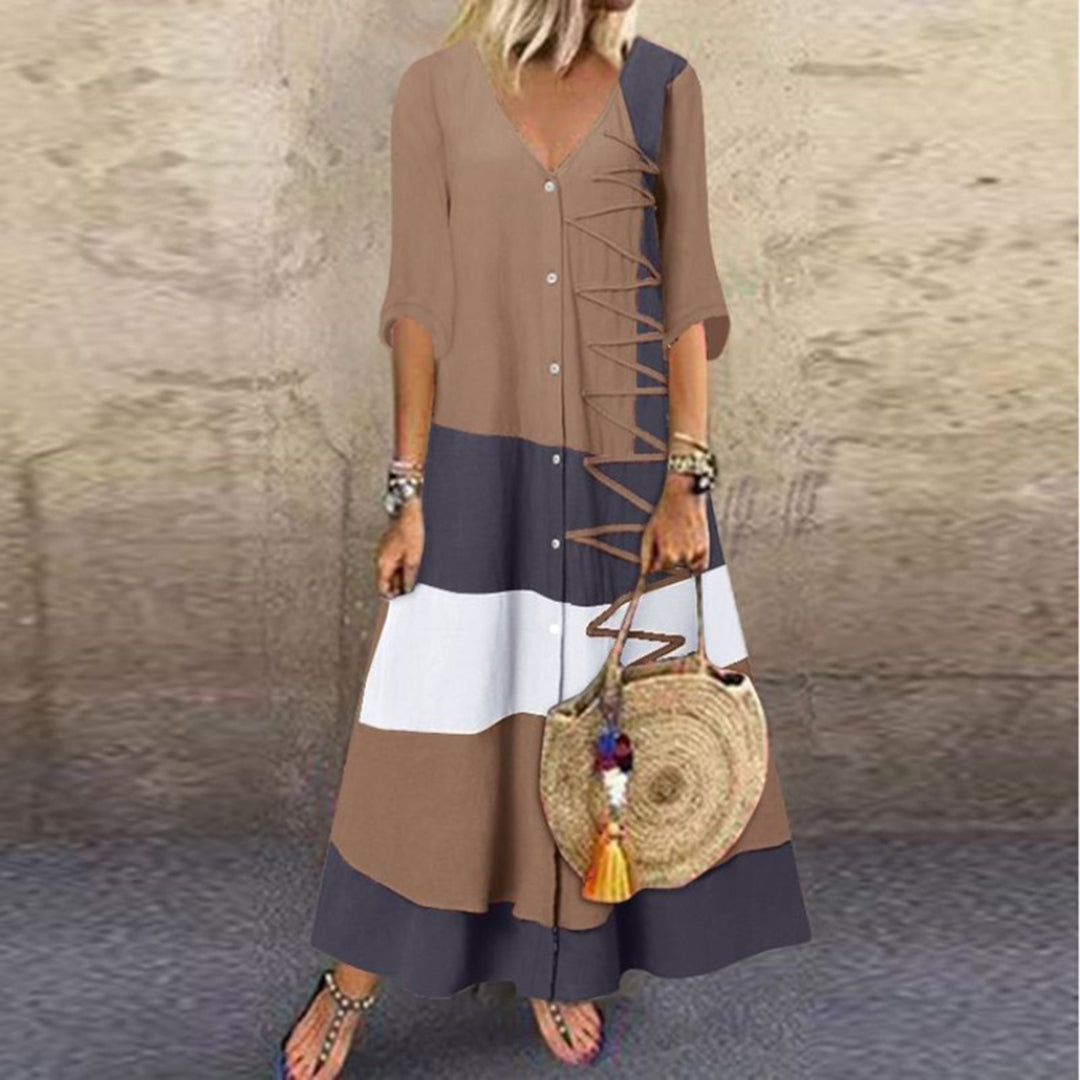 Pandora | Boho kleurblok maxi-jurk - Bedrukt, Halve Mouwen, Trendy & Comfortabel