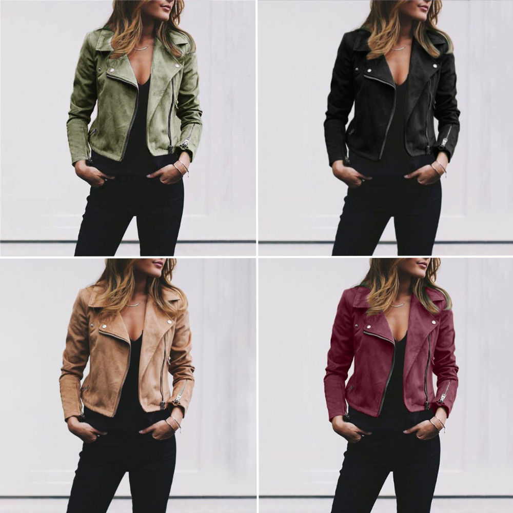 Kateline | Damesbikerjack van imitatieleer – asymmetrische ritssluiting, reverskraag, slim fit motorjas