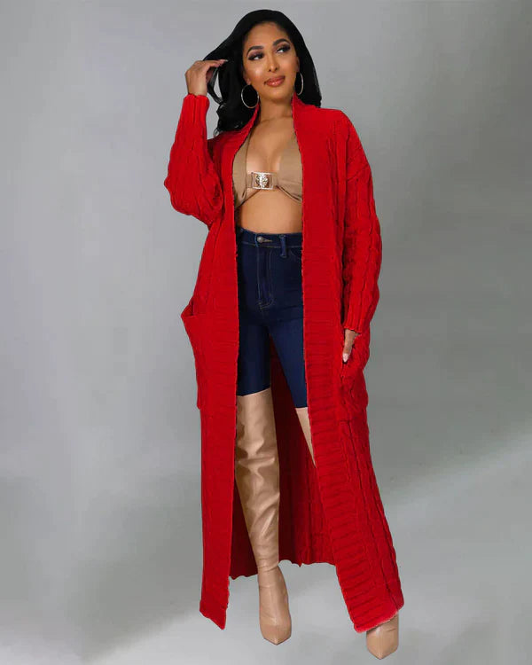 Zynelle | Casual lang vest voor dames met zakken – zachte gebreide trui met open voorkant