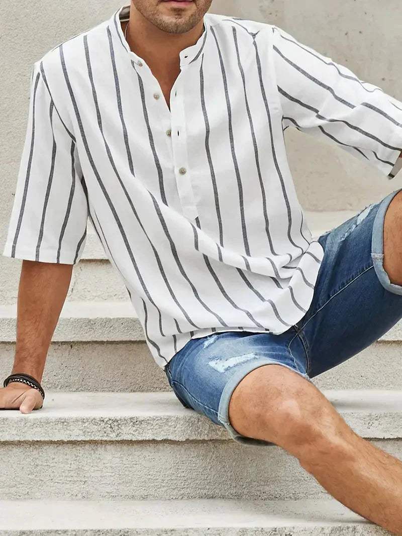 Tyrran | Elegant gestreept herenoverhemd met korte mouwen – halve knoopsluiting, casual en zakelijk te dragen