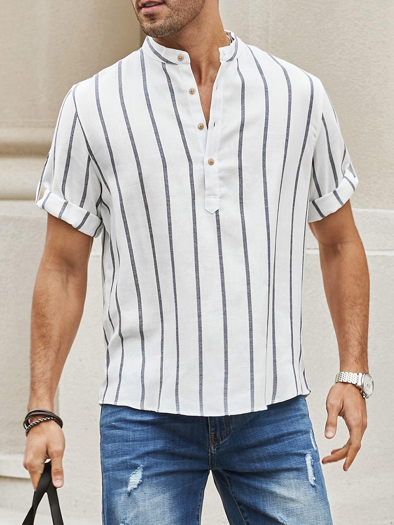Tyrran | Elegant gestreept herenoverhemd met korte mouwen – halve knoopsluiting, casual en zakelijk te dragen