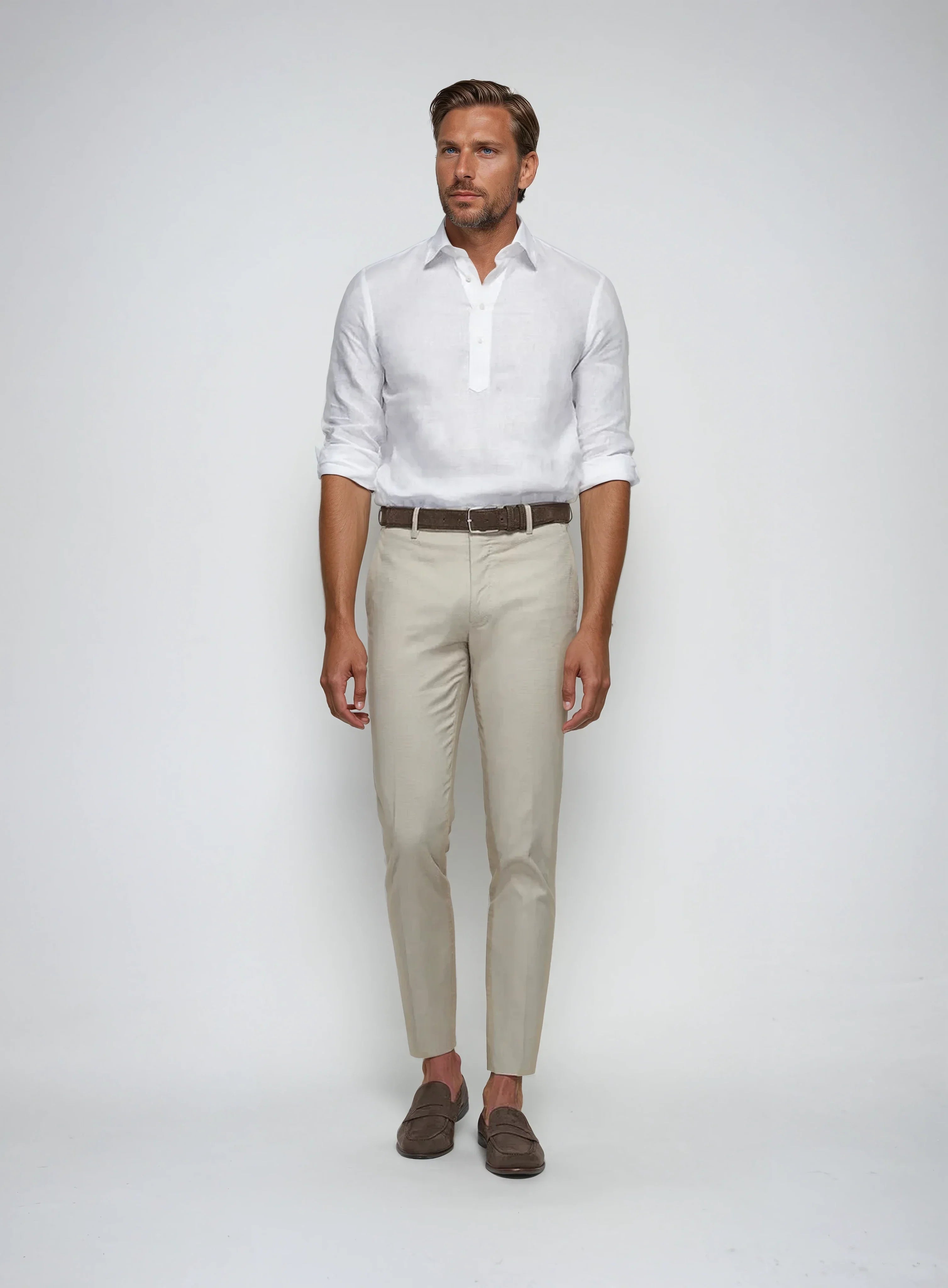 Veylor | Herenhemd met lange mouwen, wit linnen - ademende, casual top met halve knoop