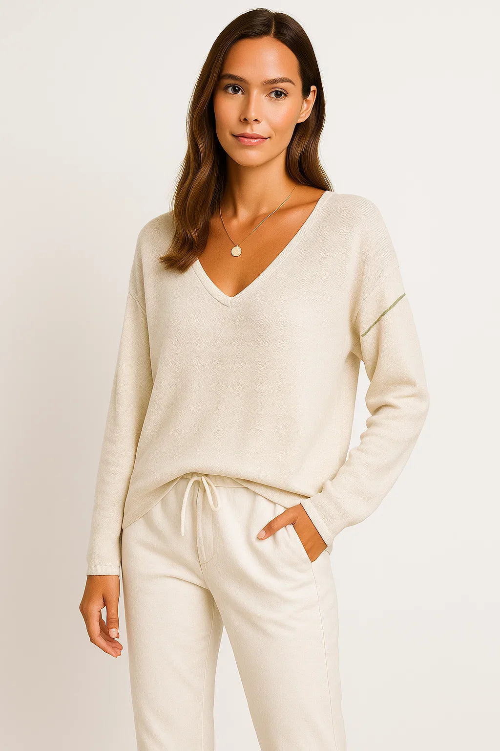 Lelune | Dames-T-shirt met losse V-hals en lange mouwen - Ontspannen pasvorm, katoenmix, ademende top