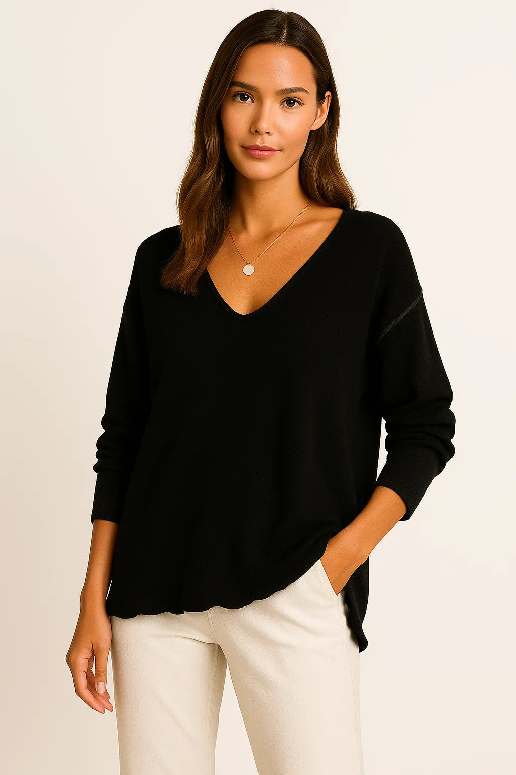 Lelune | Dames-T-shirt met losse V-hals en lange mouwen - Ontspannen pasvorm, katoenmix, ademende top