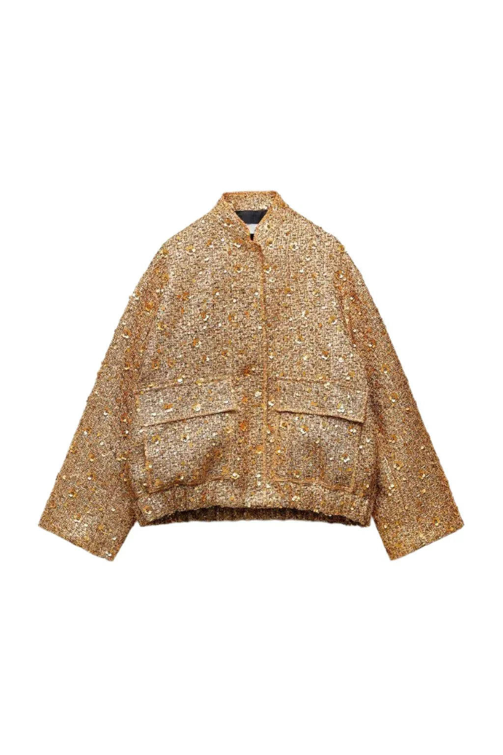 Cadira | Met lovertjes bedrukt metallic gouden bomberjack voor dames - lichtgewicht, textuur paillettenontwerp