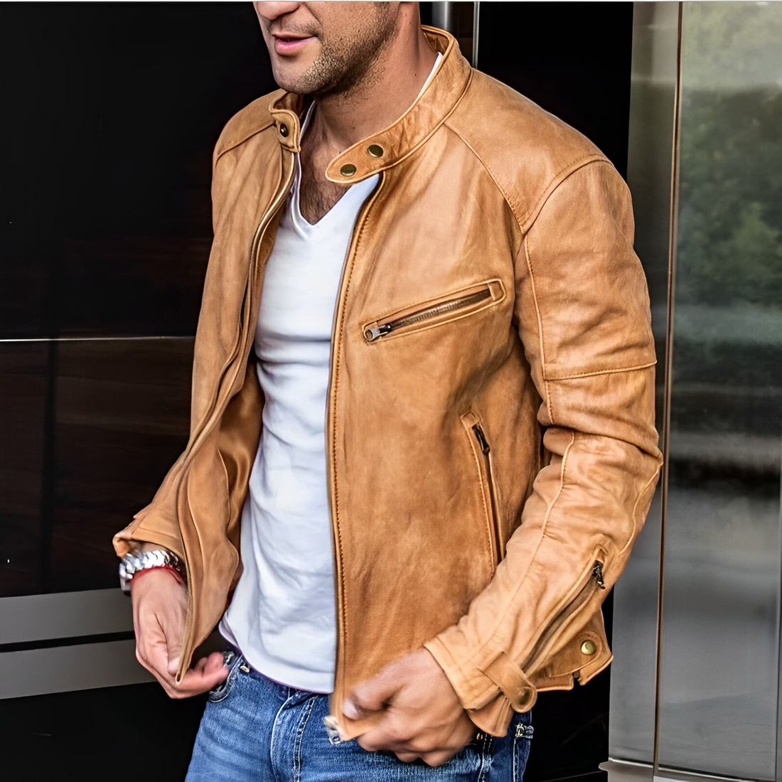 Zygmunt | Herenleren jas – opstaande kraag, functionele ritssluitingen, casual slim fit motorjas
