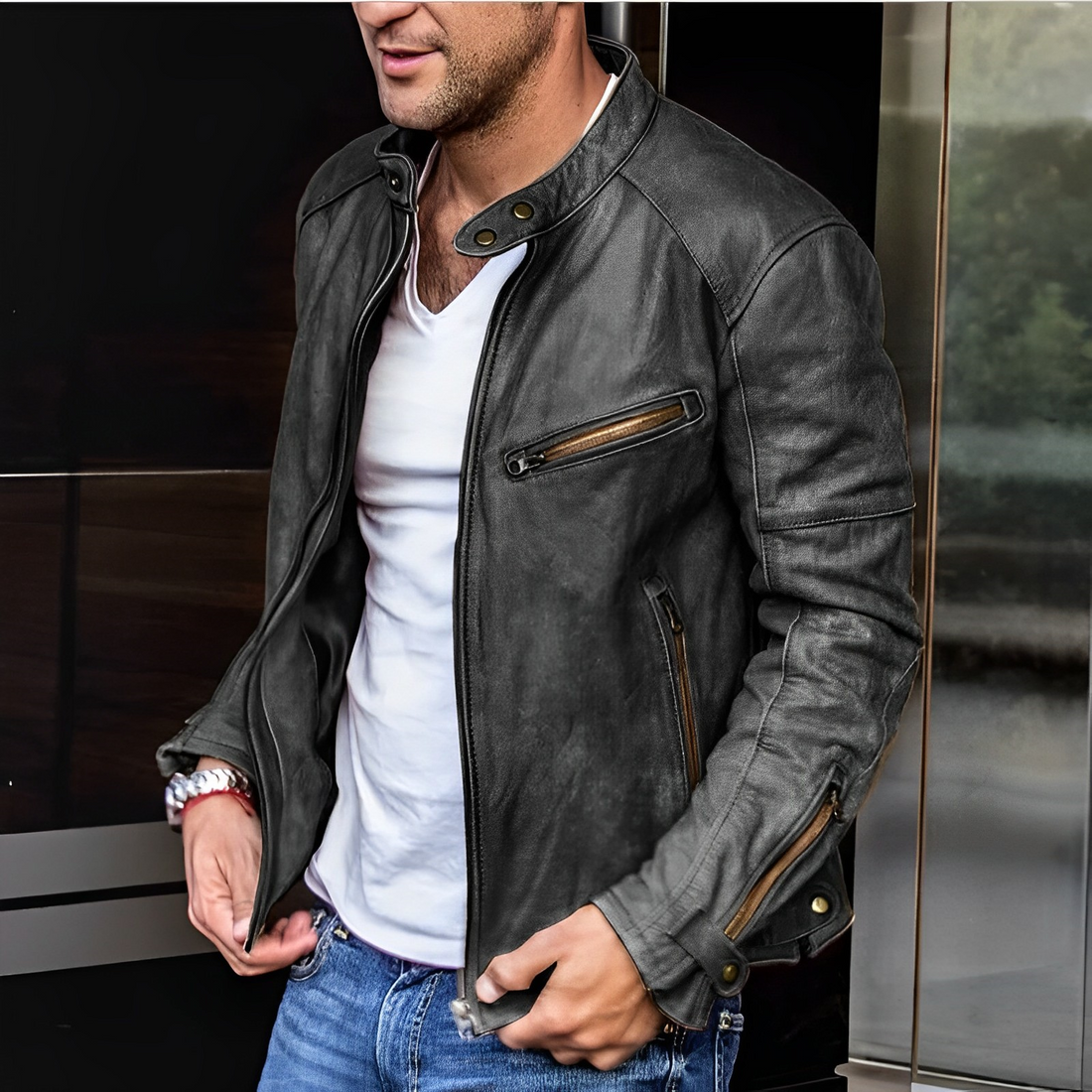 Zygmunt | Herenleren jas – opstaande kraag, functionele ritssluitingen, casual slim fit motorjas