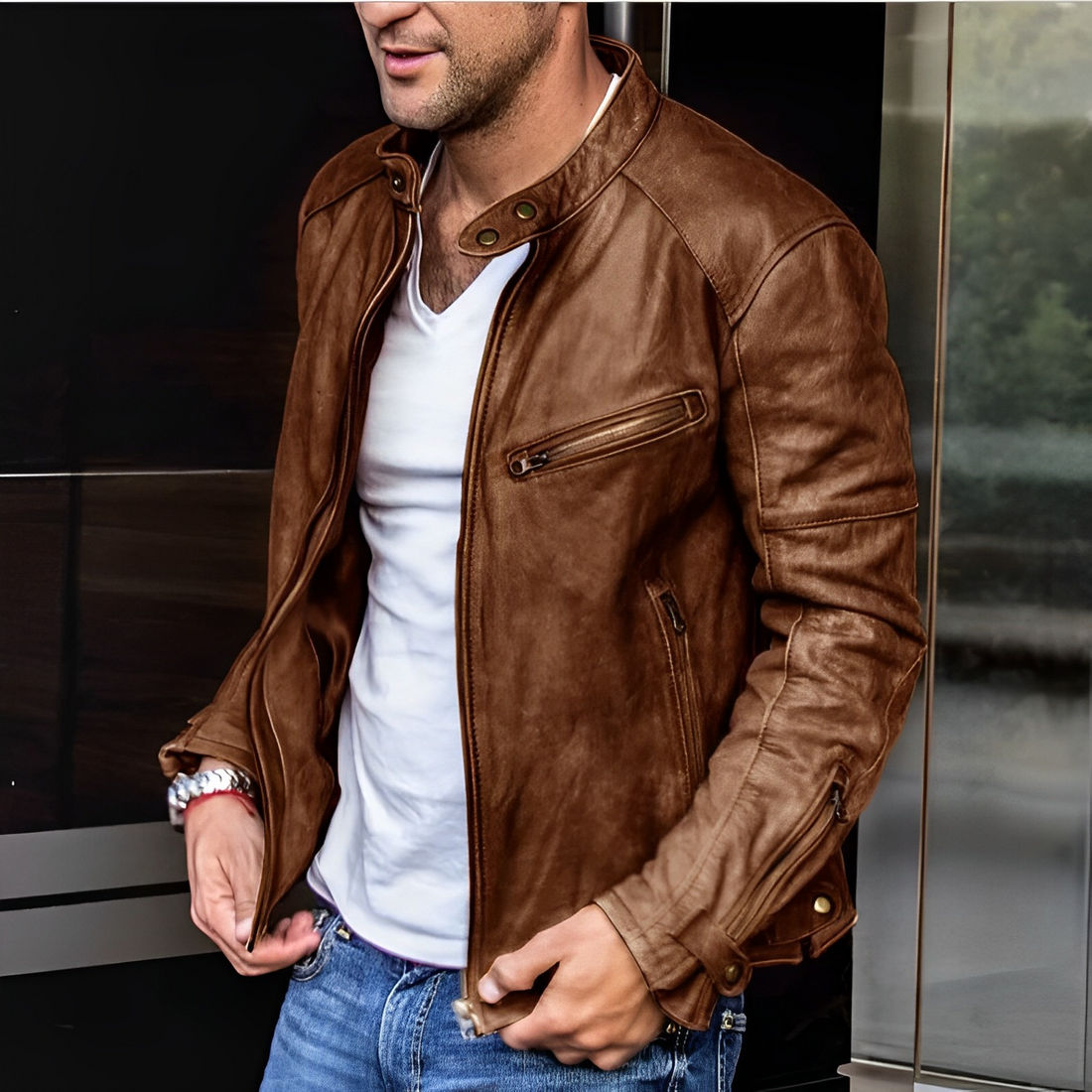 Zygmunt | Herenleren jas – opstaande kraag, functionele ritssluitingen, casual slim fit motorjas