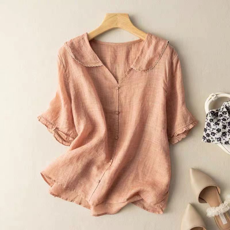 Irivara | Luchtige damesblouse met halflange mouwen – Geborduurde kraag, V-hals, knoopsluiting