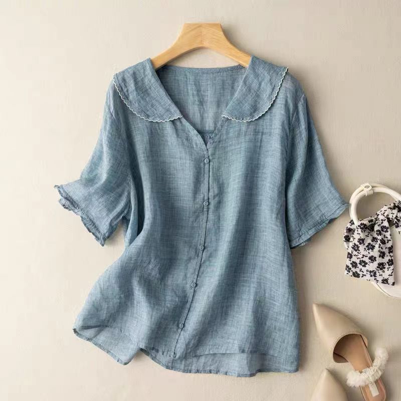 Irivara | Luchtige damesblouse met halflange mouwen – Geborduurde kraag, V-hals, knoopsluiting