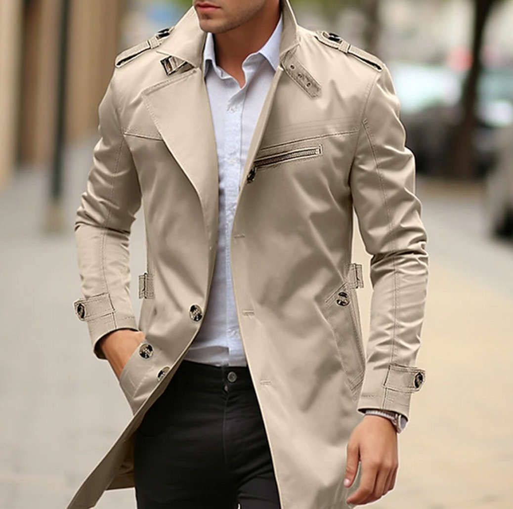 Emrik | Klassieke heren Trenchcoat - reverskraag, slim fit lange overjas, lichtgewicht formele bovenkleding