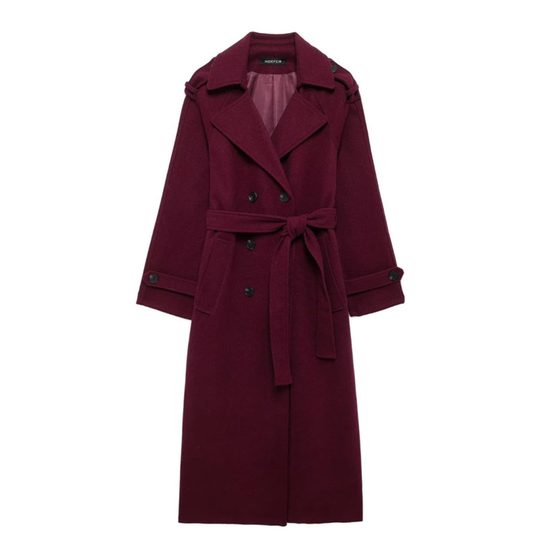 Liva | Oversized bordeauxrode trenchcoat voor dames – Elegante lange jas voor herfst, winter