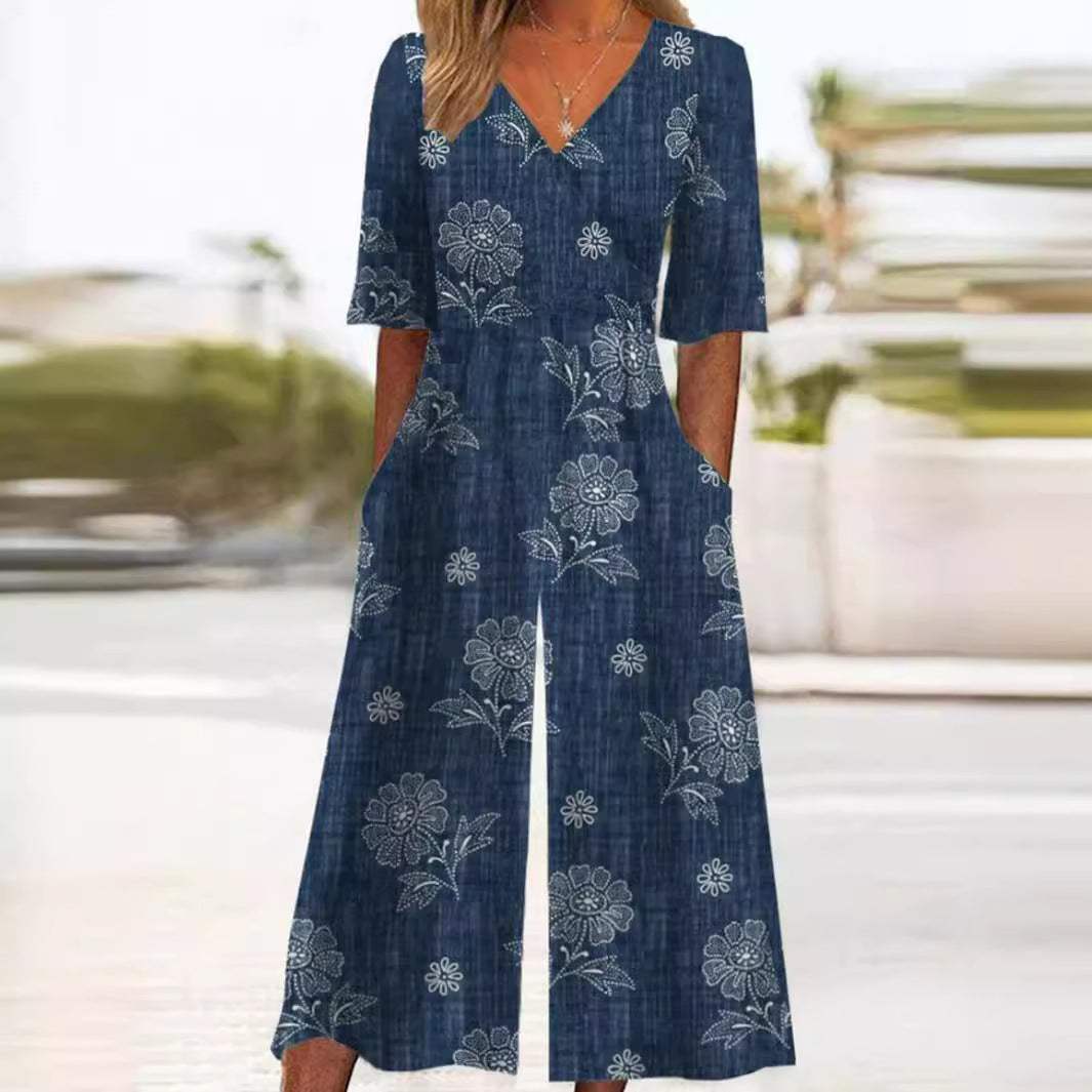 Cyrene | Dames jumpsuit met print en wijde pijpen – V-hals, halflange mouwen, zomerse casual en elegante outfit