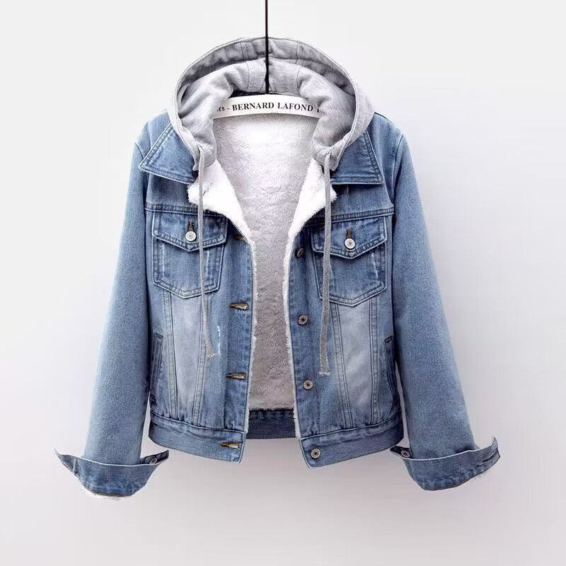 Heloise | Damesjas van denim met sherpa-voering en capuchon – vintage gewassen, comfortabele winterjas