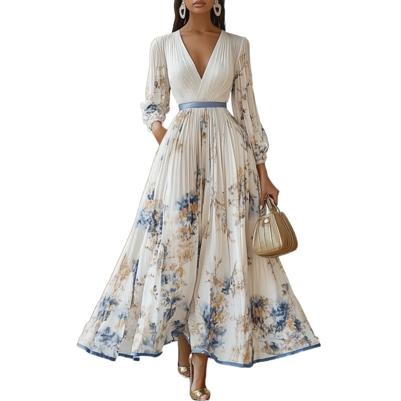 Yvressa | Elegante plooirok voor dames – 3/4 mouwen, diepe V-hals, A-lijn, feest, cocktail & formele gelegenheden