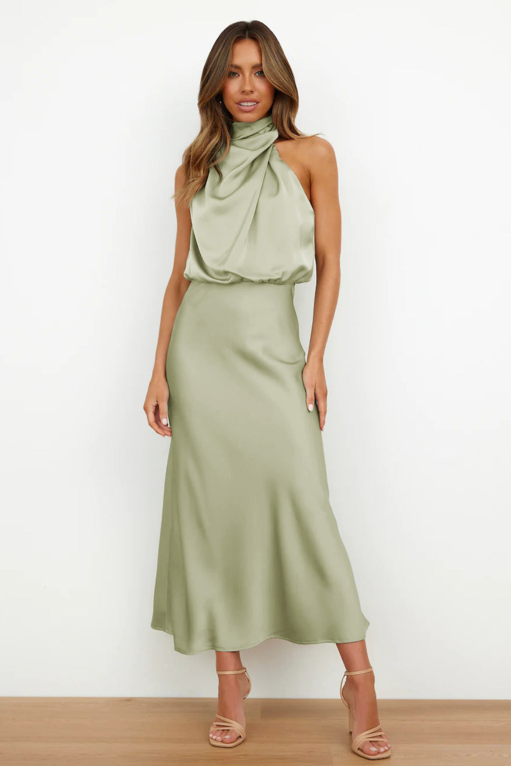 Melva | Elegante Satijnen Midi Jurk met Halter Hals - Perfect voor Lente & Zomer Evenementen