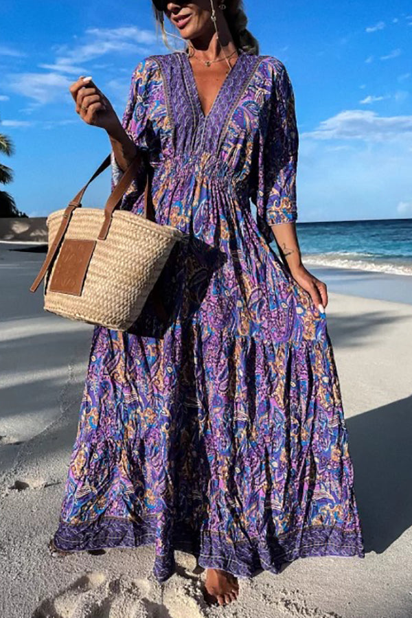 Delmara | Paisleyprint Maxi Jurk met Batwing Mouwen en V-hals - Soepelvallende Boho Zomeravondjurk