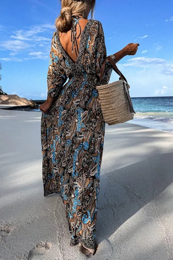 Delmara | Paisleyprint Maxi Jurk met Batwing Mouwen en V-hals - Soepelvallende Boho Zomeravondjurk