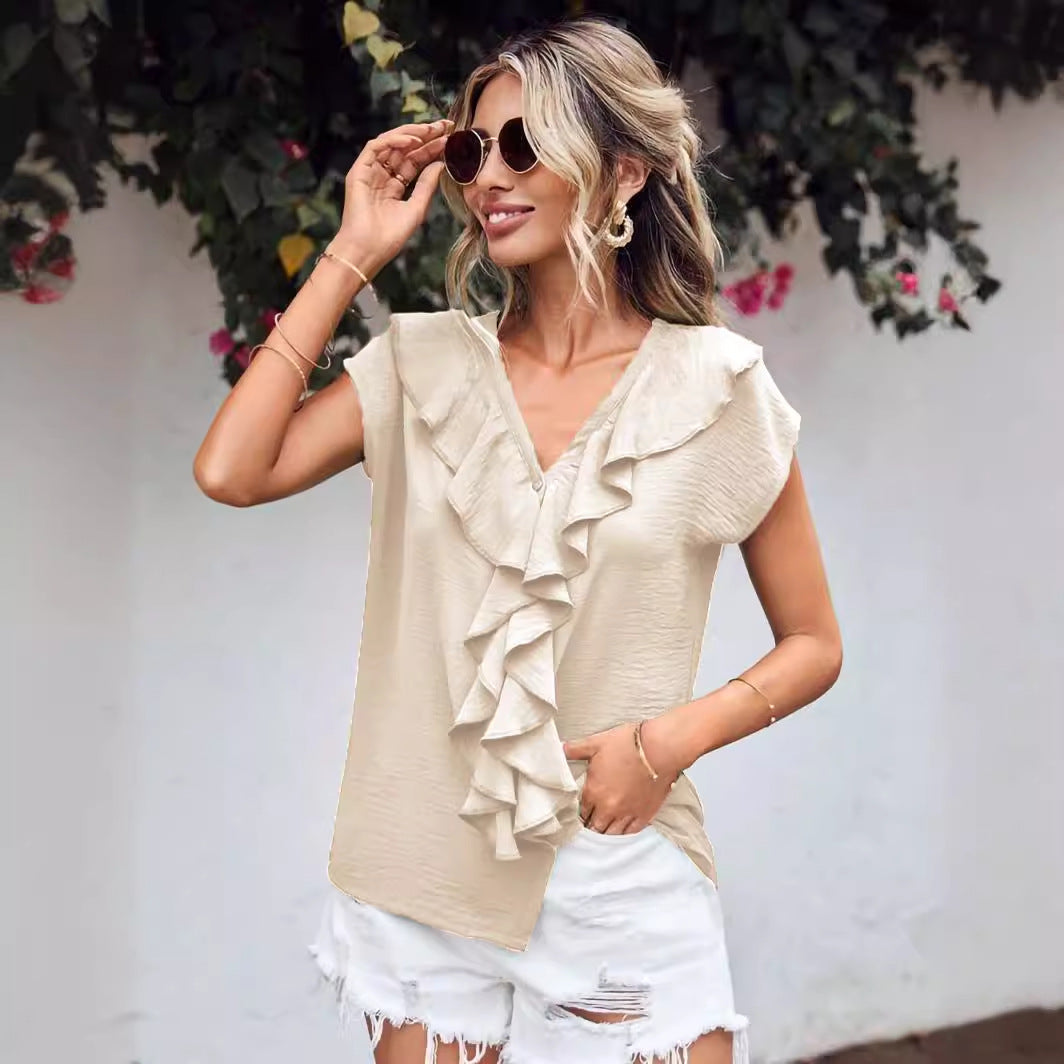 Aenor | Katoenen damesblouse met V-hals - Ruches, korte mouwen