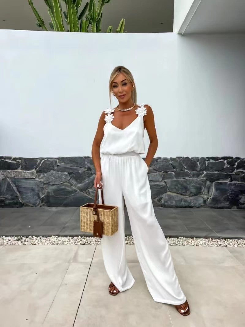 Oaklyn | Dames Jumpsuit zonder mouwen en wijde pijpen - Elegant bloemendetail op de schouders