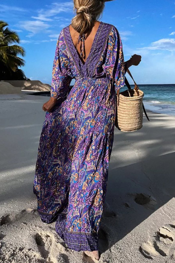 Delmara | Paisleyprint Maxi Jurk met Batwing Mouwen en V-hals - Soepelvallende Boho Zomeravondjurk