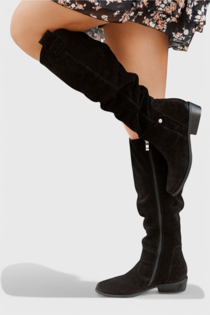 VelaStep | Dames kniehoge suède laarzen – Retro stijl, elegante winterlaarzen met hoge hakken